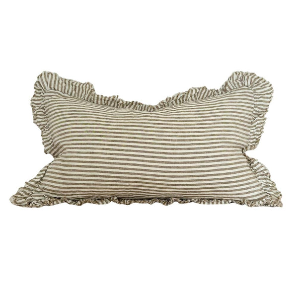 Hallie Ruffled Linen Cushion Cover 50x30 – Olive Stripe