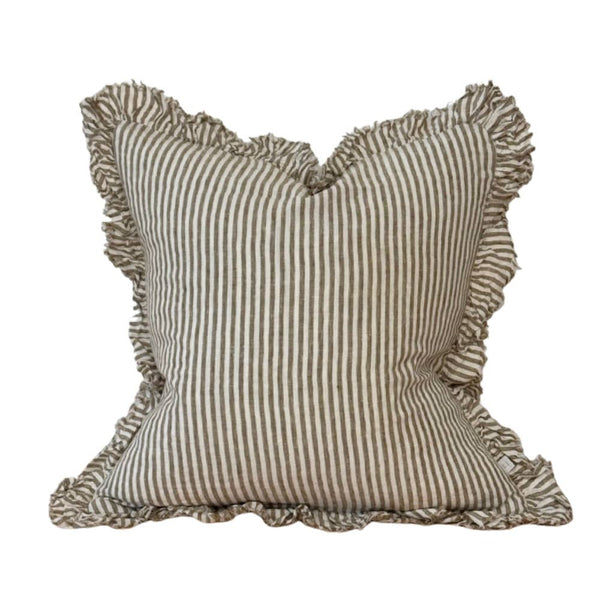 Hallie Ruffled Linen Cushion Cover – Olive Stripe