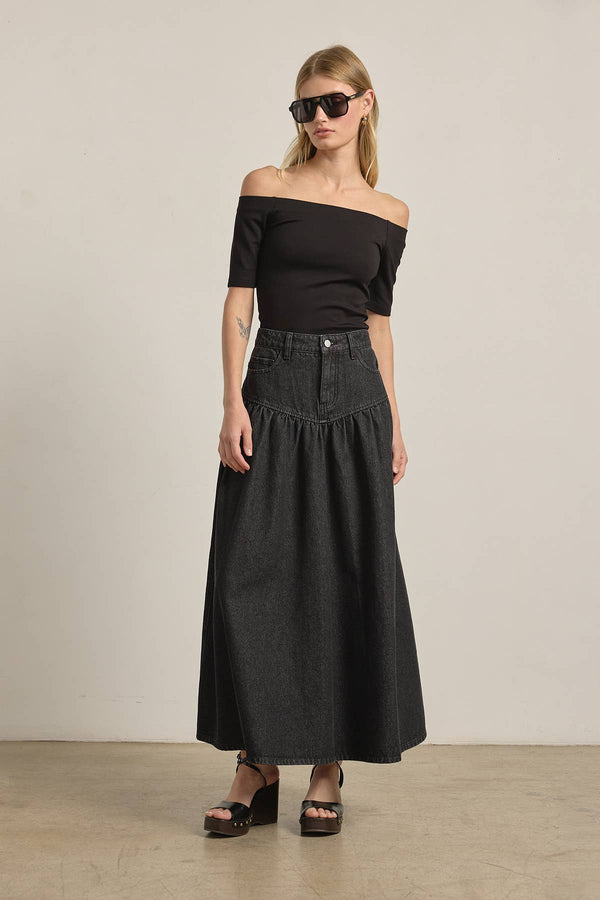 Waist Black Denim Maxi Skirt