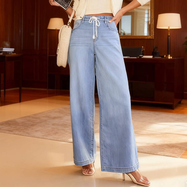 Form-Fitting Wide-Leg Drawstring Denim Trousers