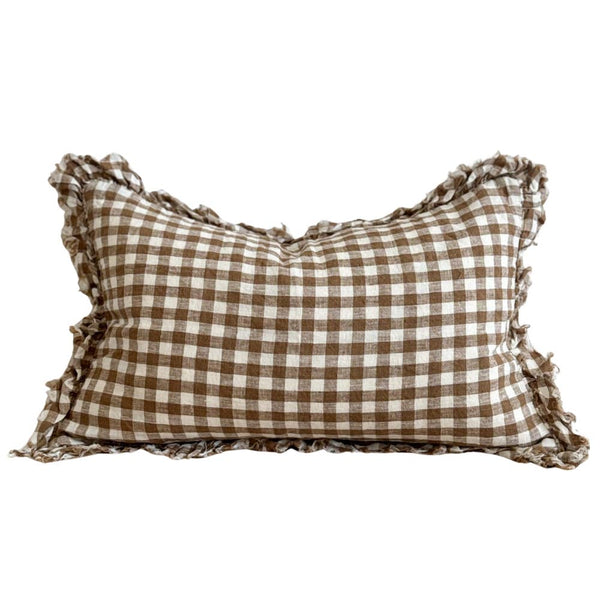 Hallie Ruffled Linen Cushion Cover 50x30 – Brown Gingham