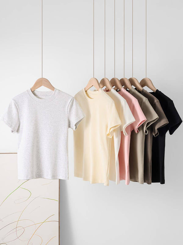 Essential Basic Plain Fitted Cotton Blend Crewneck Tee