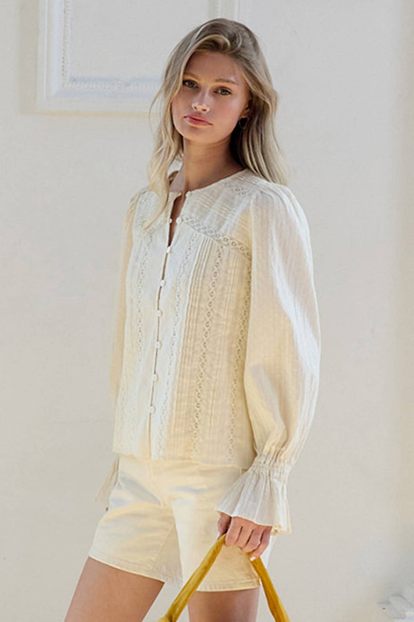 Lace Pintuck Detail Button Blouse