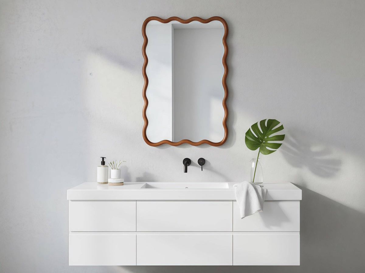 Wavy Solid Wood Wall Mirror with Curved Rectangle Frame For Bathroom, Bedroom, or Entryway