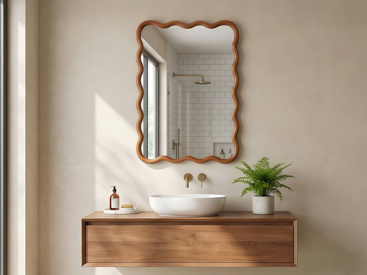 Wavy Solid Wood Wall Mirror with Curved Rectangle Frame For Bathroom, Bedroom, or Entryway