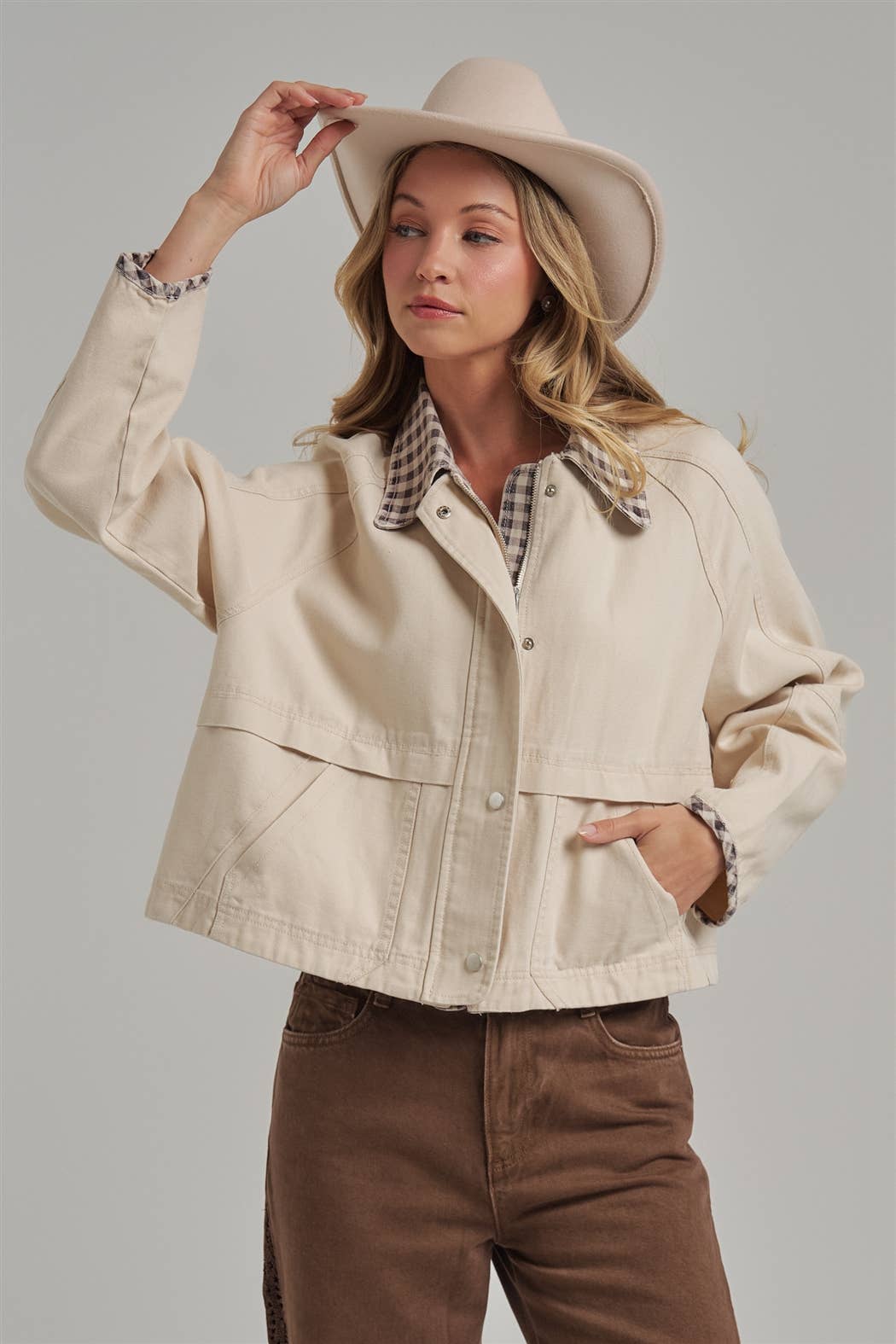 Vintage Oxford Canvas Twill Fall Jacket with Gingham Collar
