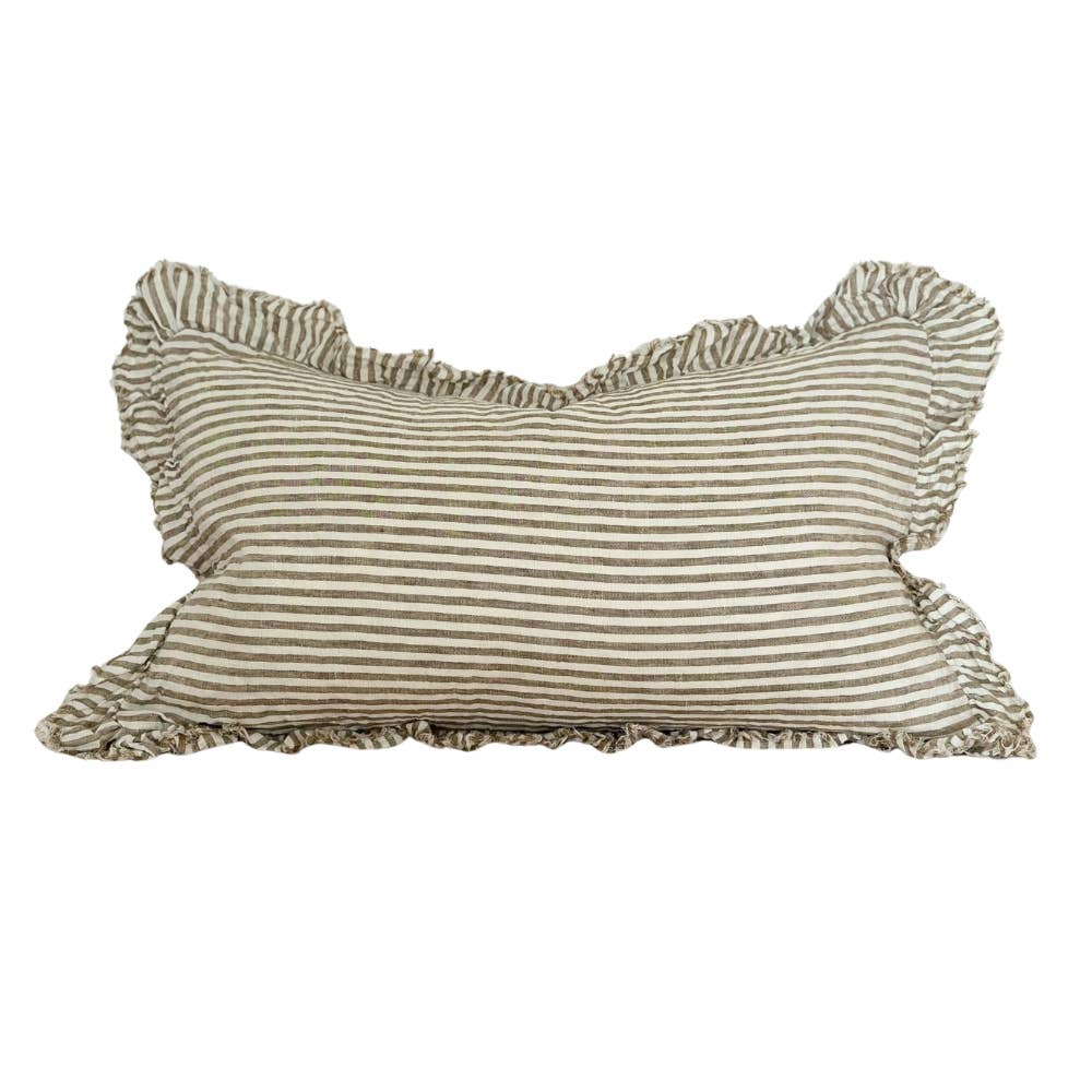 Hallie Ruffled Linen Cushion Cover 50x30 – Olive Stripe