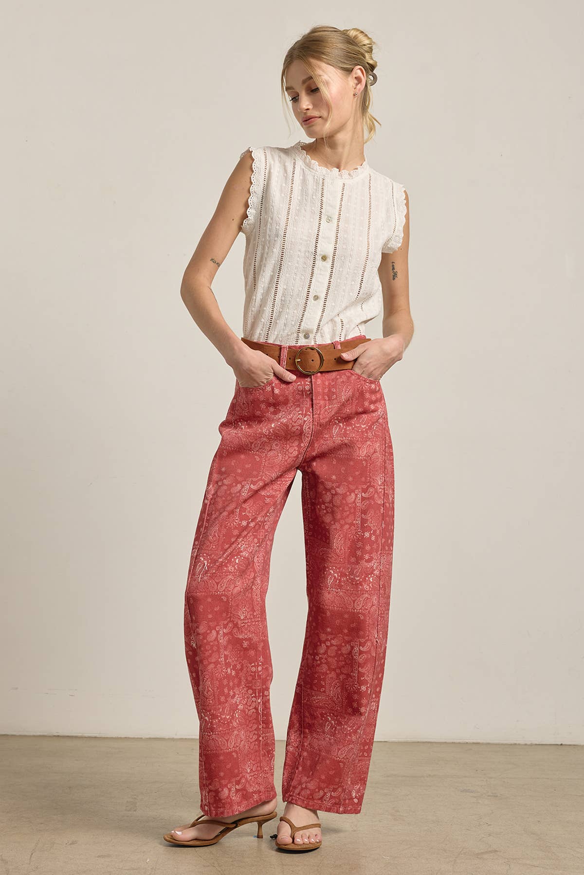 Washed Bandana Print Wide Leg Pants