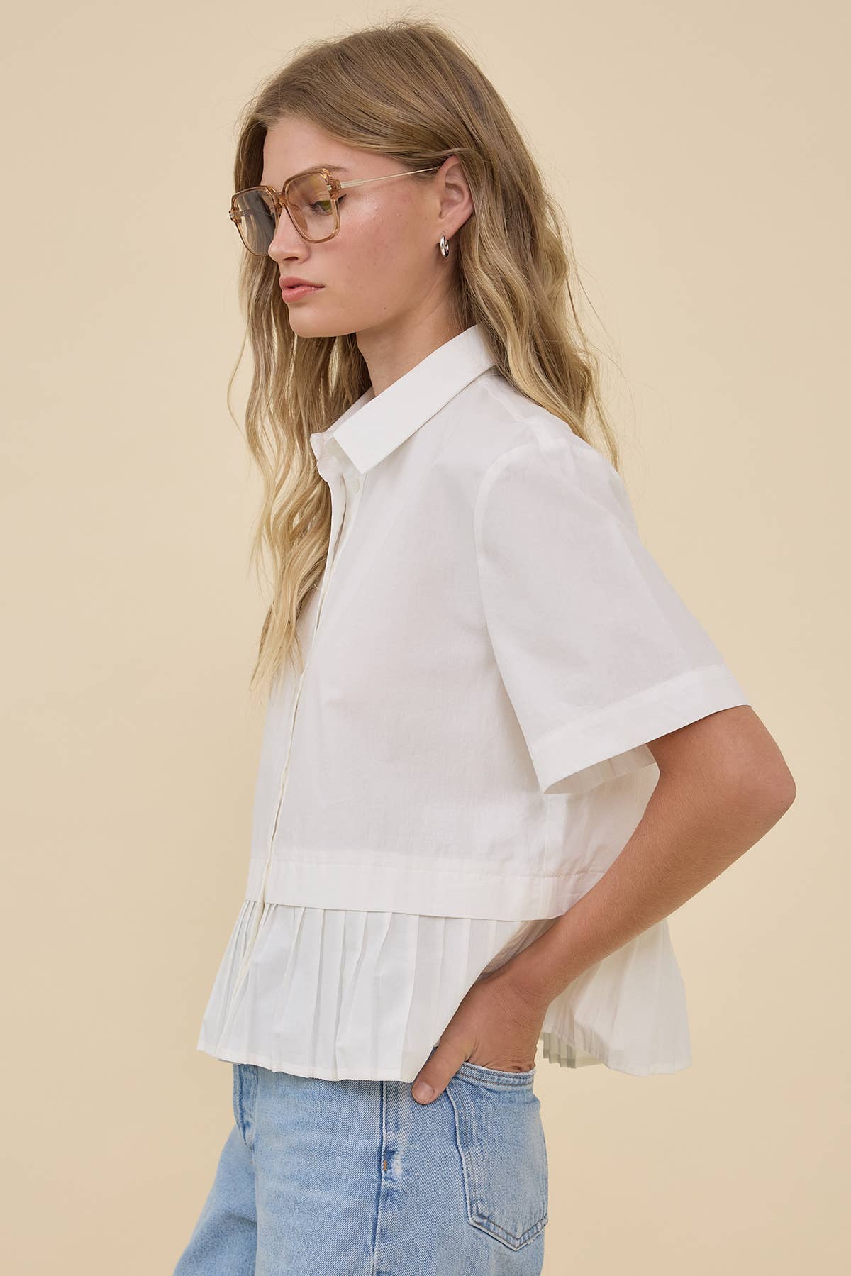 Pleated Hem Short Sleeve Shirt Top