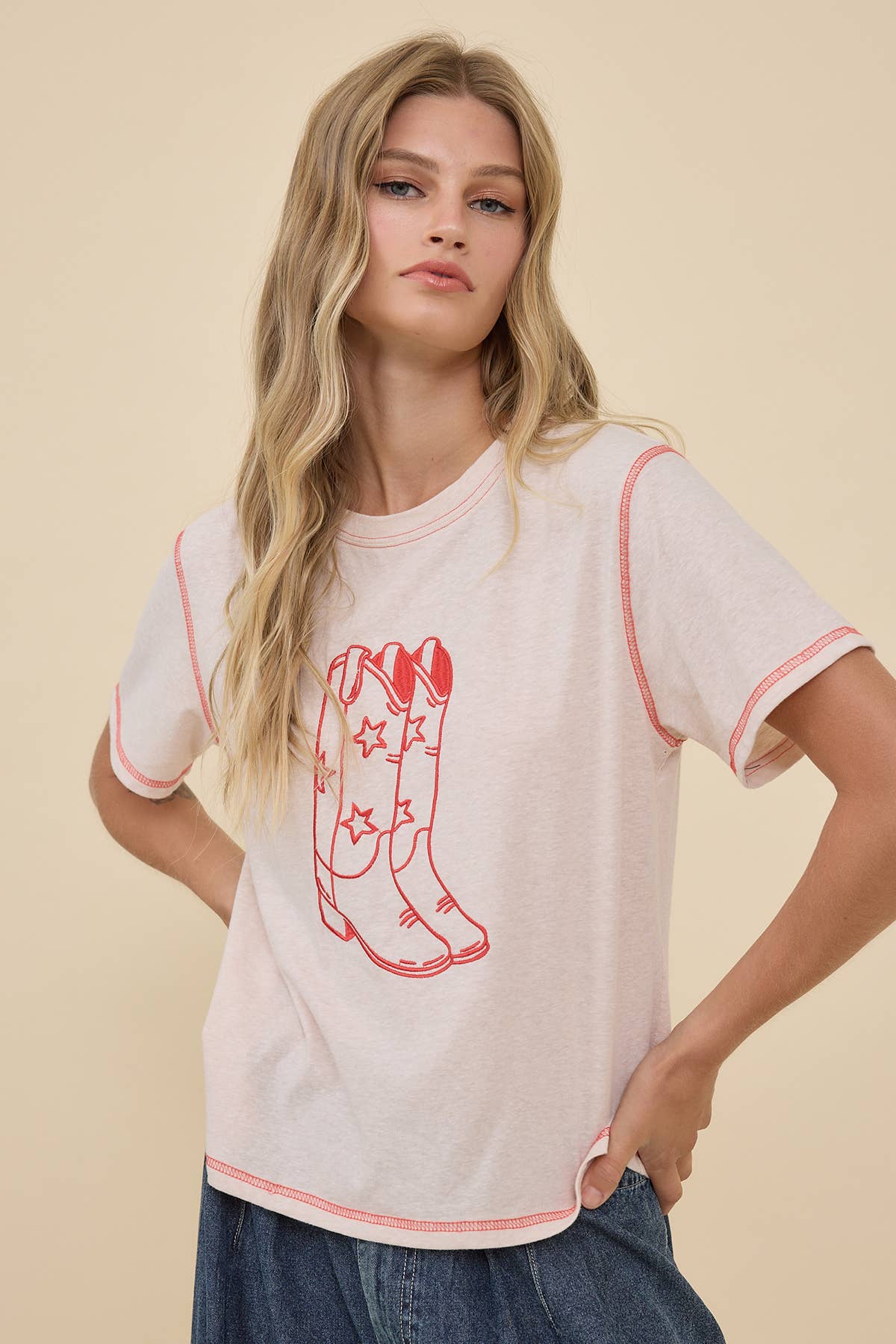 Western Boots Embroidered Contrast Stitch Tee