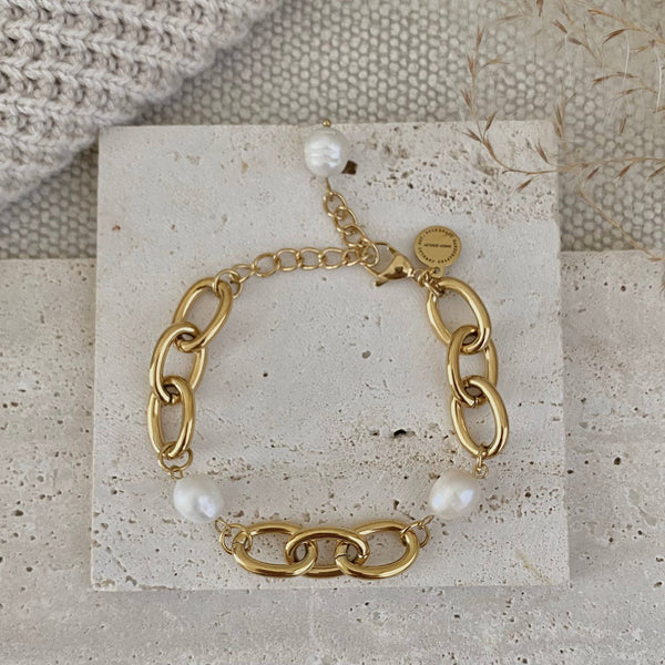 Oval Chain Big Pearl Bracelet 18k Gold Plated Stainless Steel