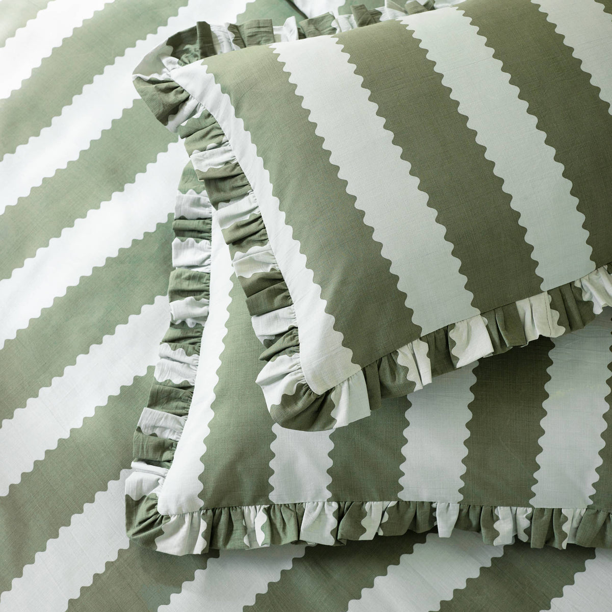 Birdie Stripe Ruffle Duvet Cover Set Bay Green/Mist