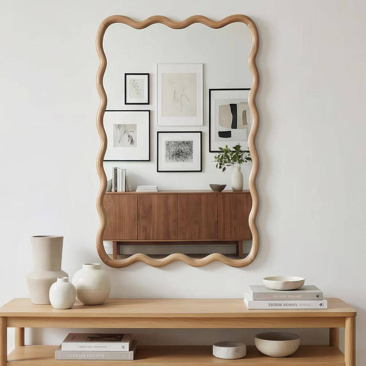 Wavy Solid Wood Wall Mirror with Curved Rectangle Frame For Bathroom, Bedroom, or Entryway