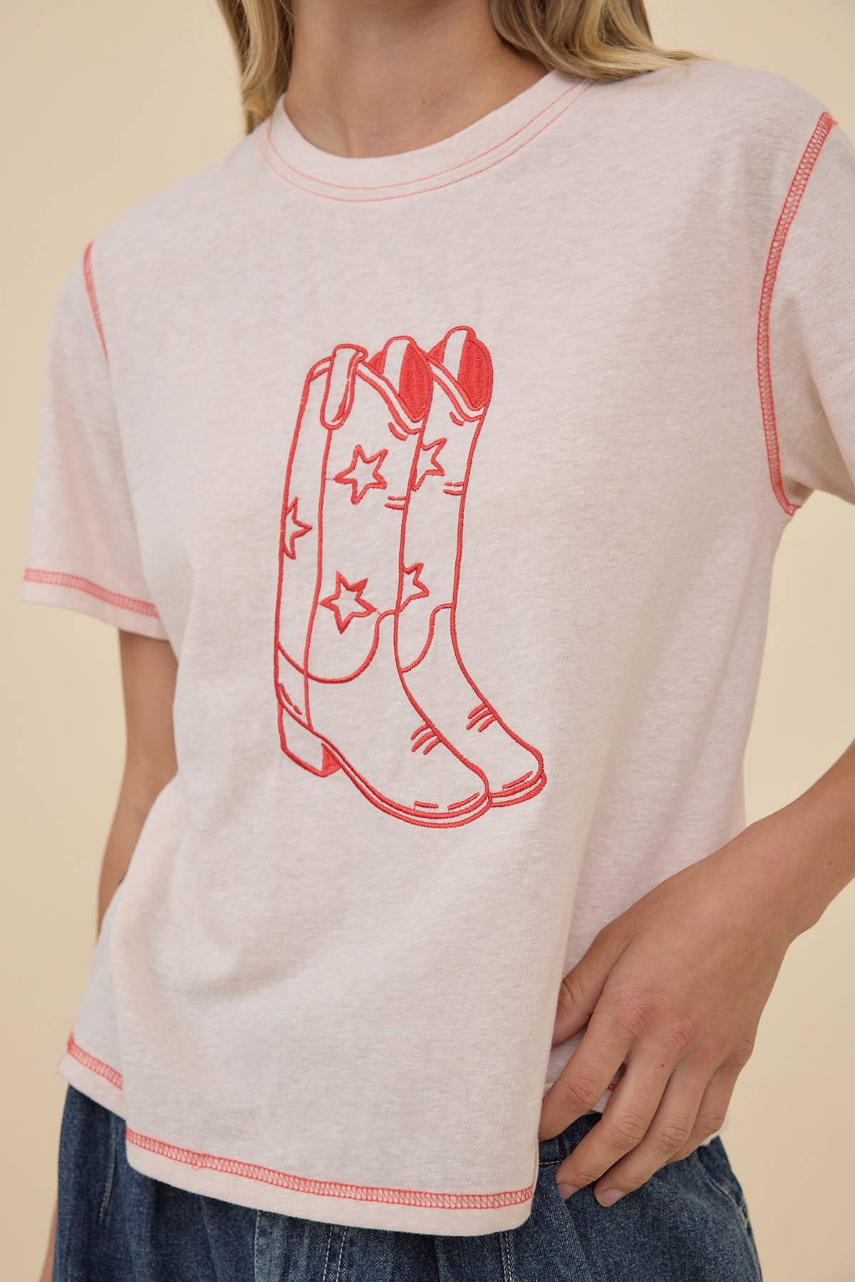 Western Boots Embroidered Contrast Stitch Tee