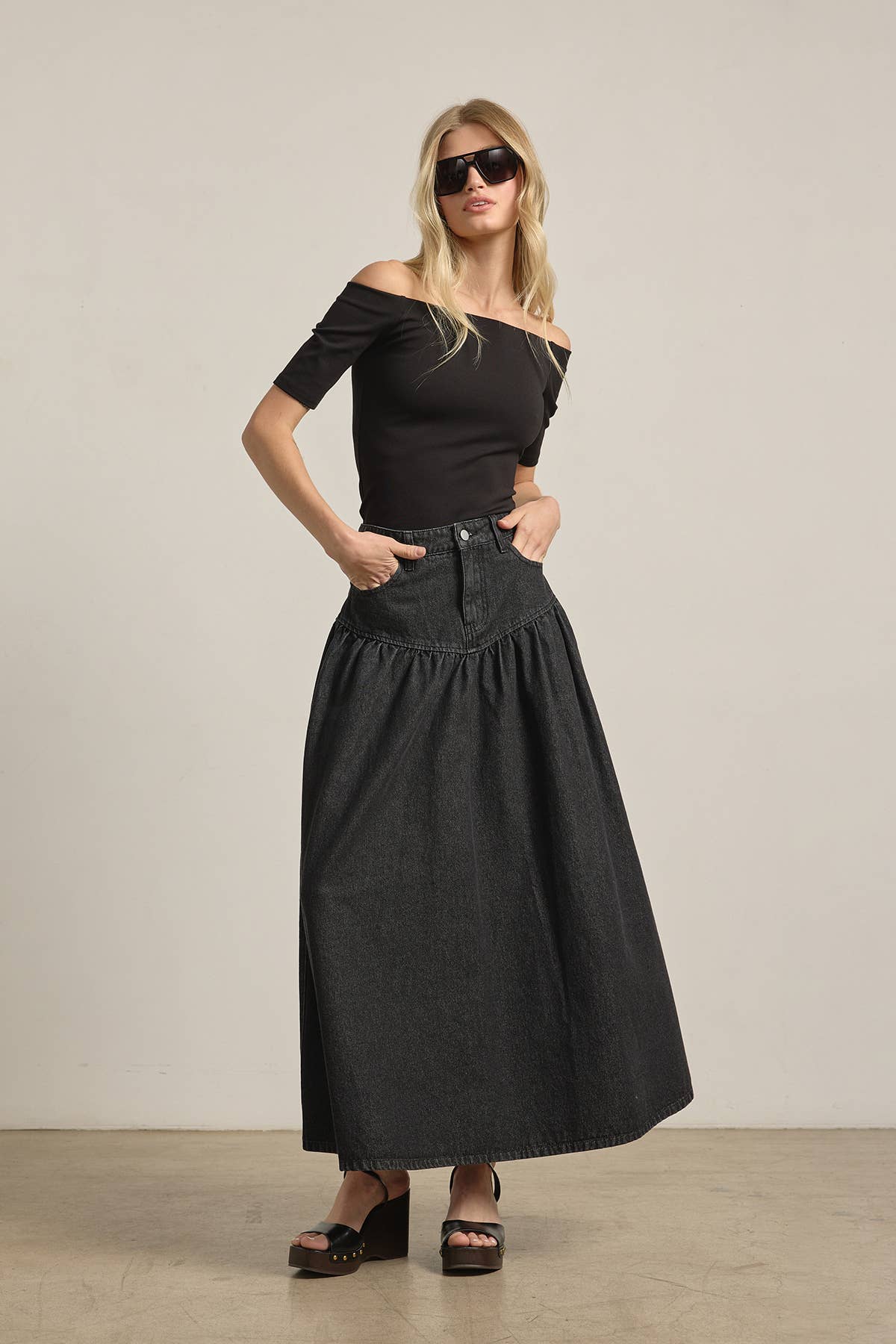 Waist Black Denim Maxi Skirt