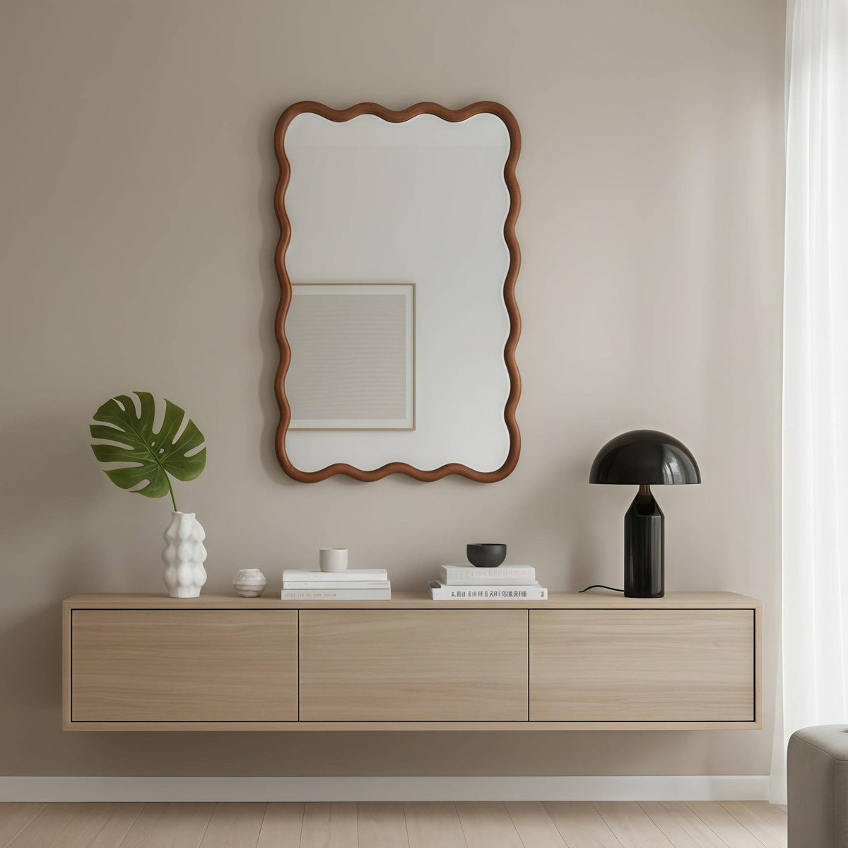 Wavy Solid Wood Wall Mirror with Curved Rectangle Frame For Bathroom, Bedroom, or Entryway
