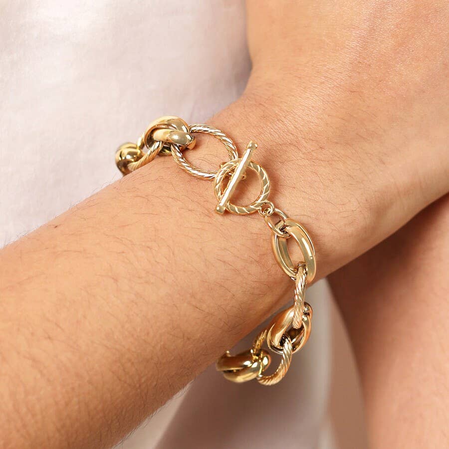 Stainless Steel Textured Dual Link Chain Bracelet in Gold