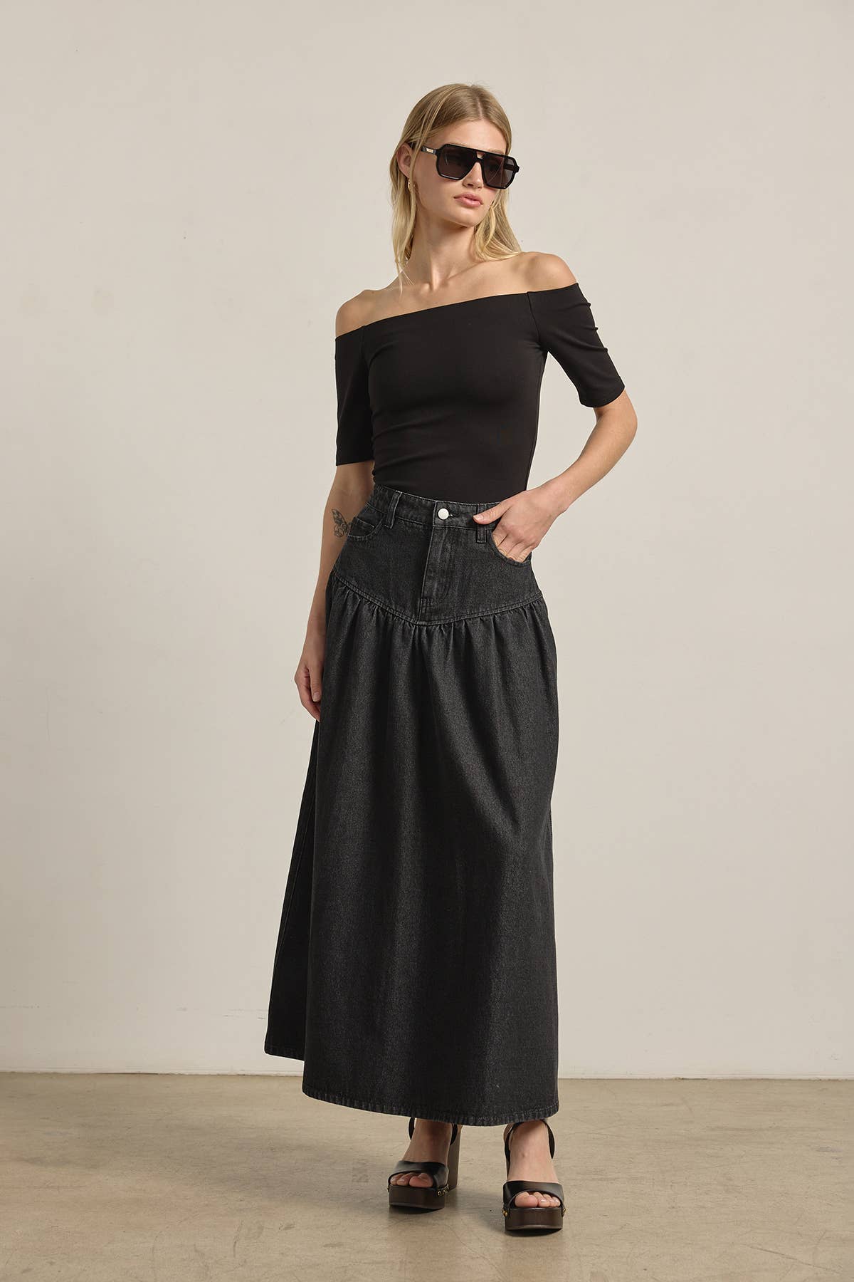Waist Black Denim Maxi Skirt