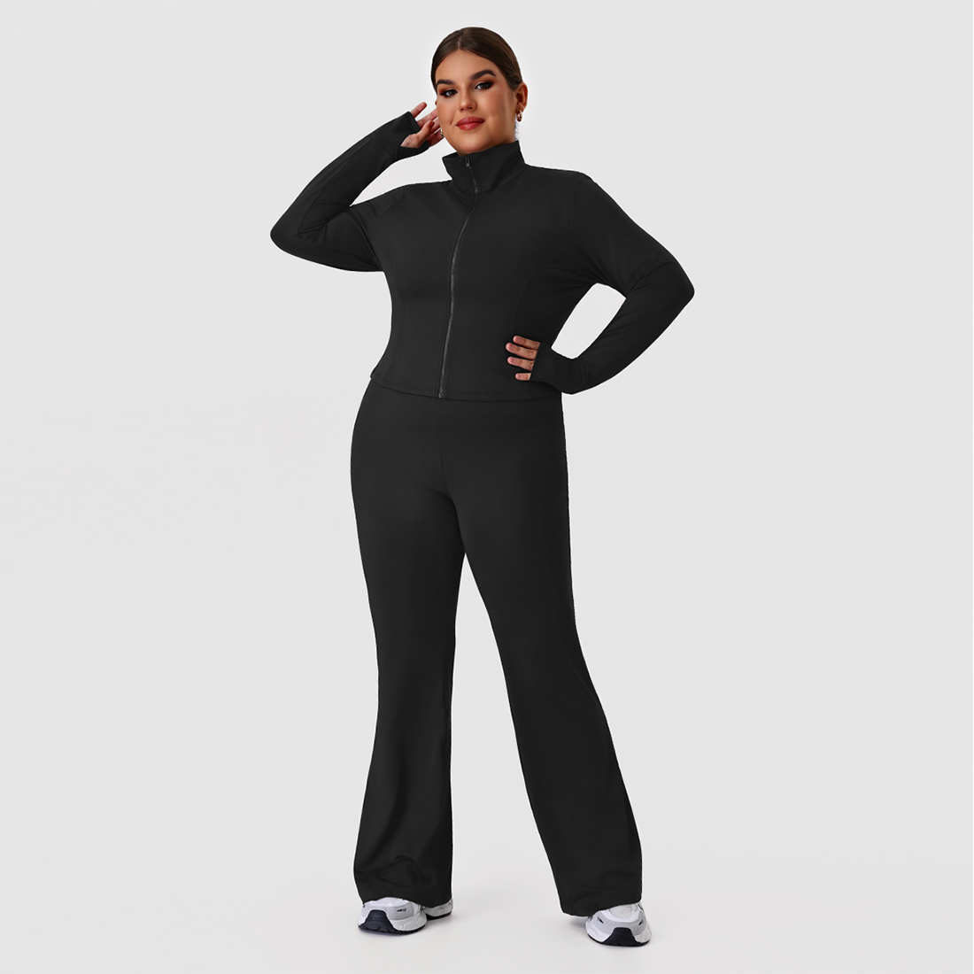 Plus size women's two-piece jacket and flare pants set in black