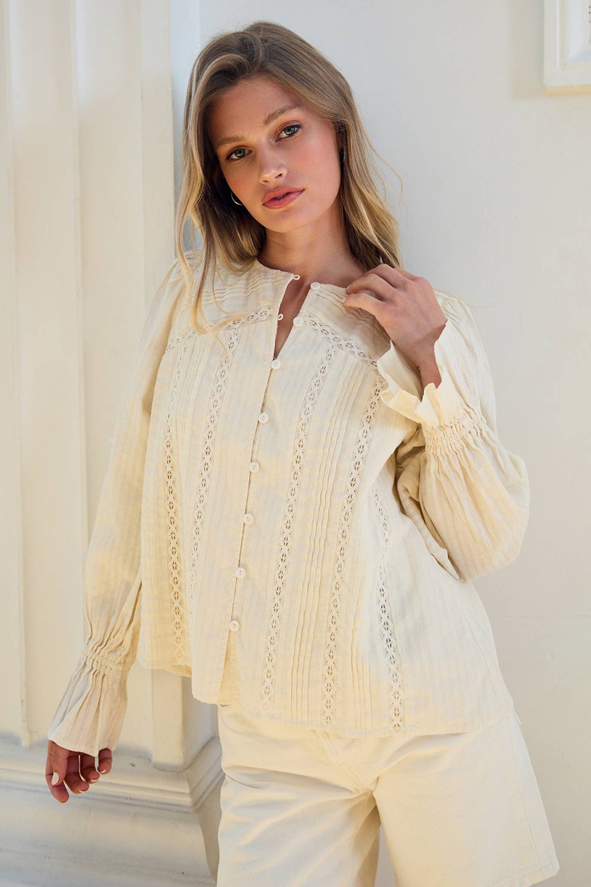 Lace Pintuck Detail Button Blouse