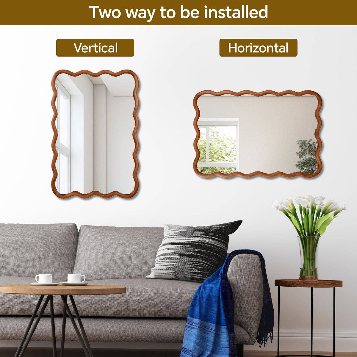 Wavy Solid Wood Wall Mirror with Curved Rectangle Frame For Bathroom, Bedroom, or Entryway