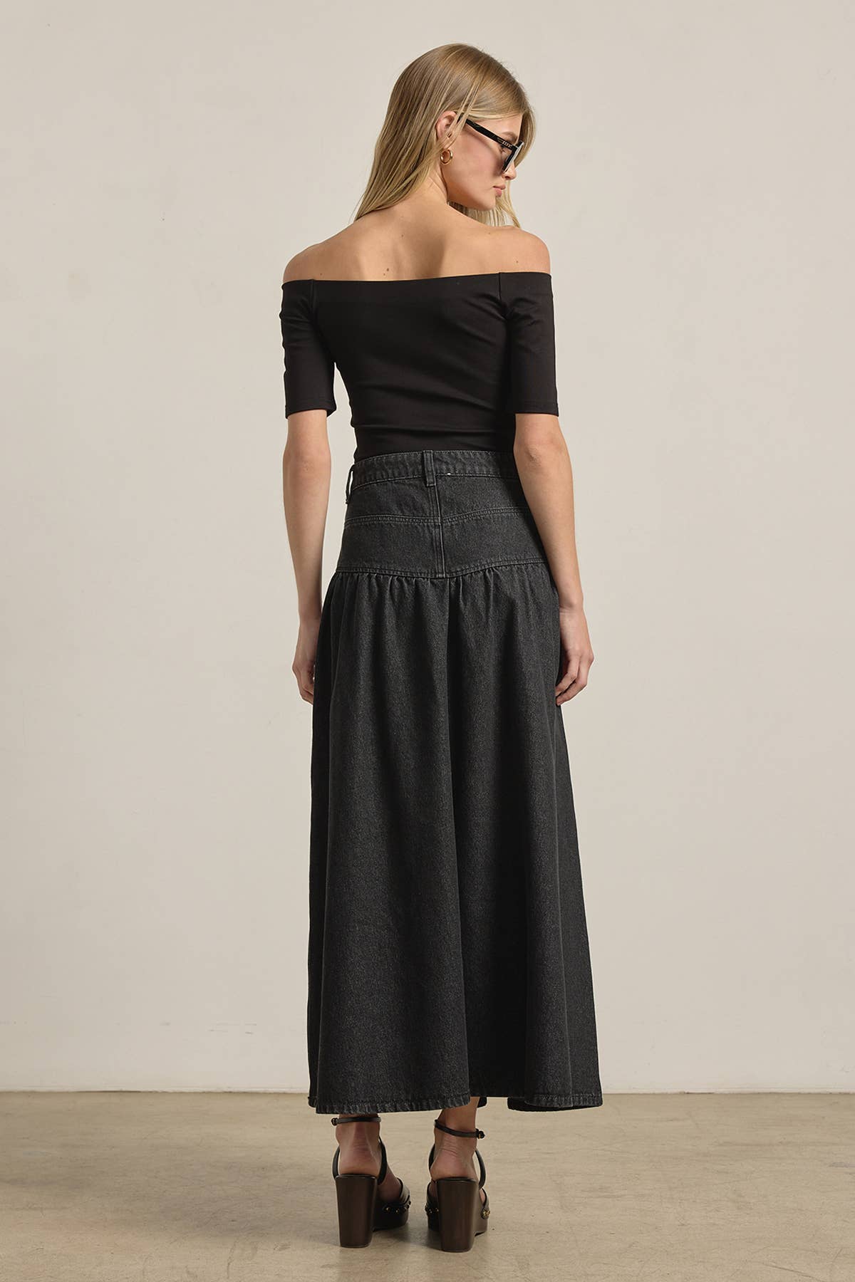 Waist Black Denim Maxi Skirt