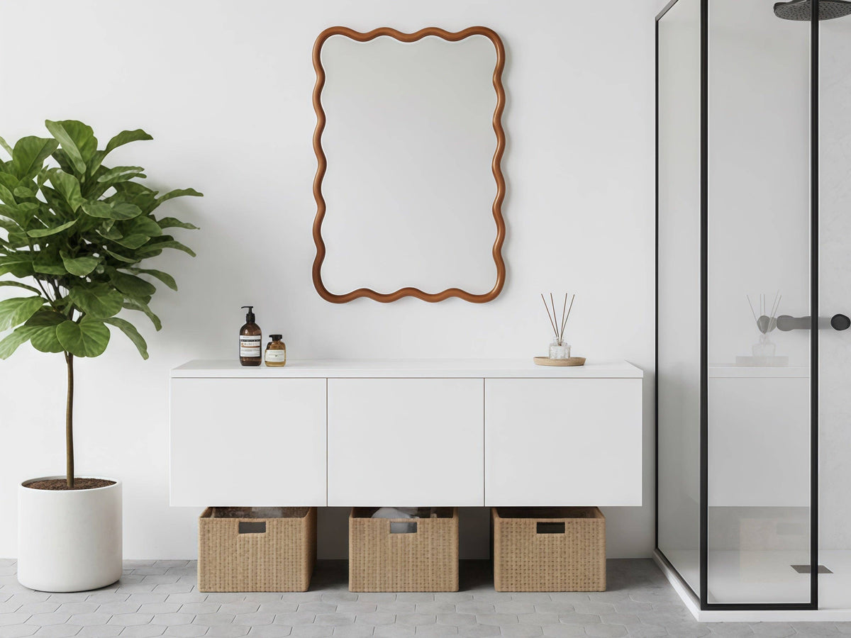 Wavy Solid Wood Wall Mirror with Curved Rectangle Frame For Bathroom, Bedroom, or Entryway