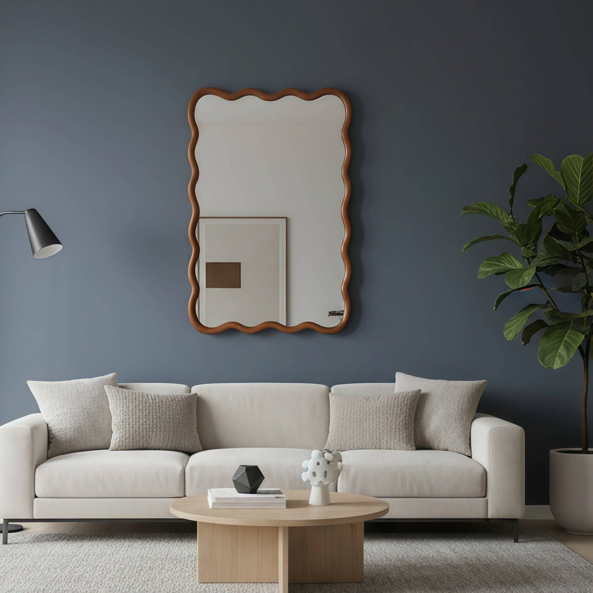 Wavy Solid Wood Wall Mirror with Curved Rectangle Frame For Bathroom, Bedroom, or Entryway