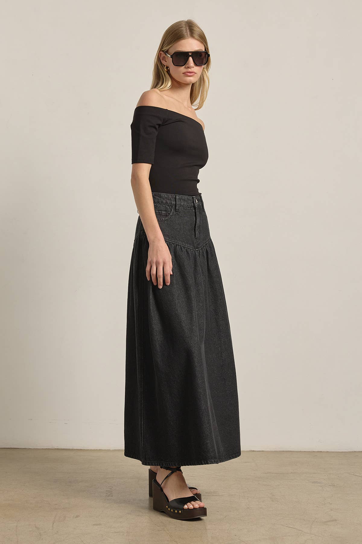 Waist Black Denim Maxi Skirt