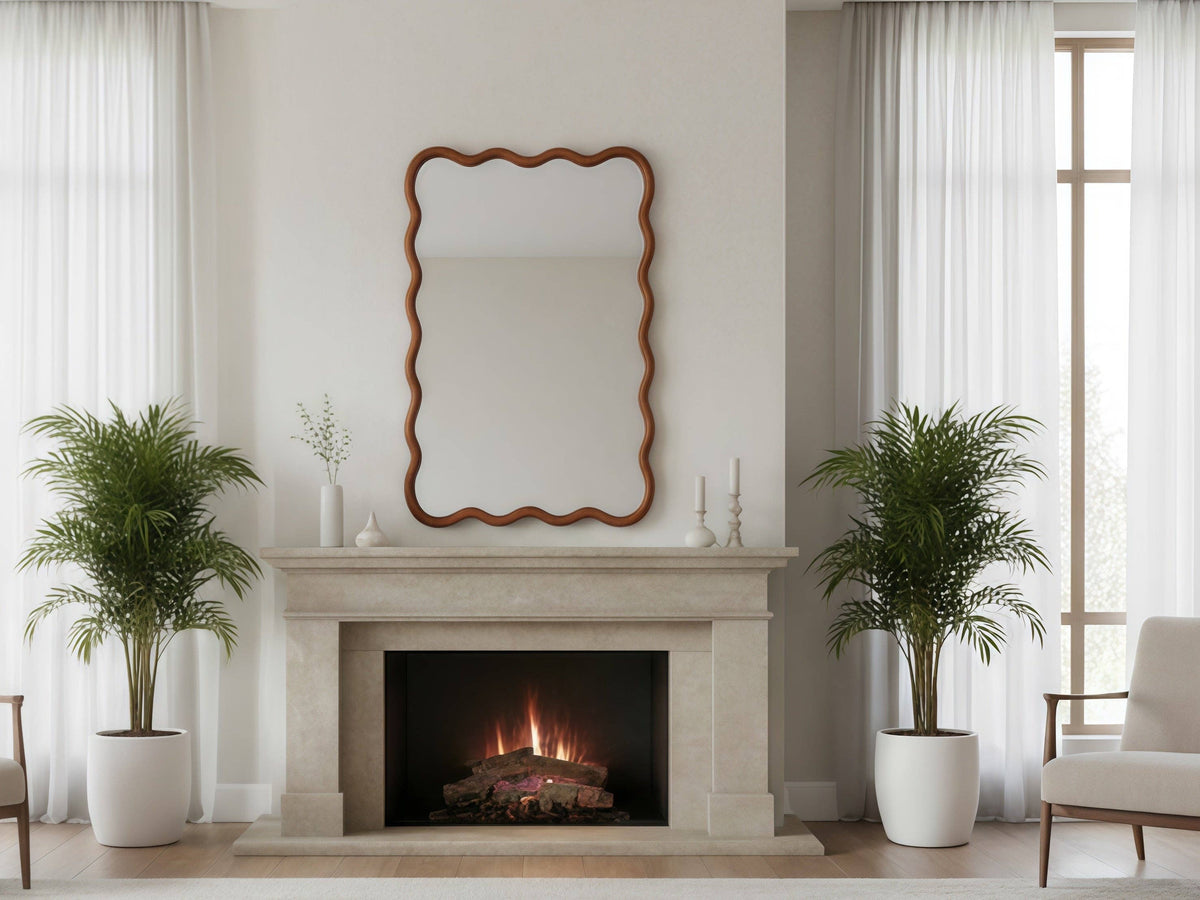 Wavy Solid Wood Wall Mirror with Curved Rectangle Frame For Bathroom, Bedroom, or Entryway