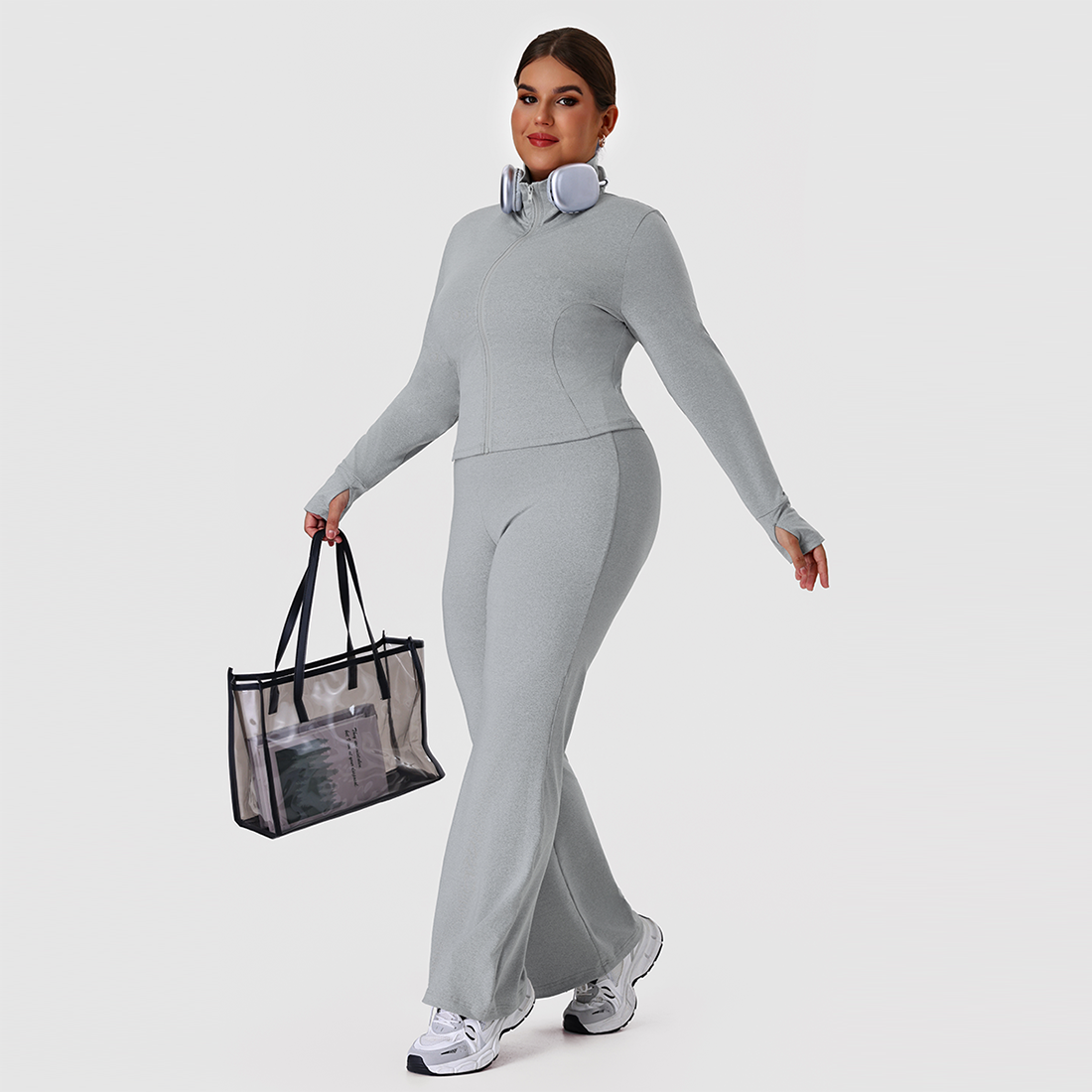 Plus size women's two-piece jacket and flare pants set in grey