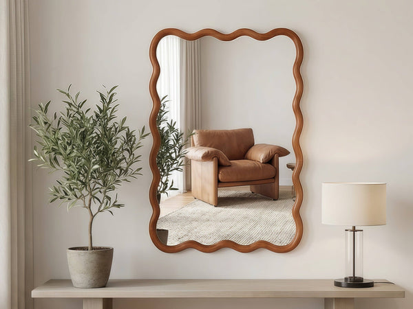 Wavy Solid Wood Wall Mirror with Curved Rectangle Frame For Bathroom, Bedroom, or Entryway