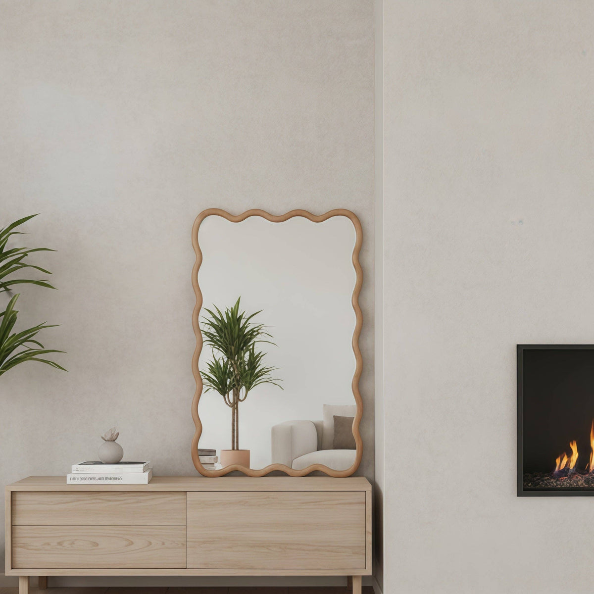 Wavy Solid Wood Wall Mirror with Curved Rectangle Frame For Bathroom, Bedroom, or Entryway