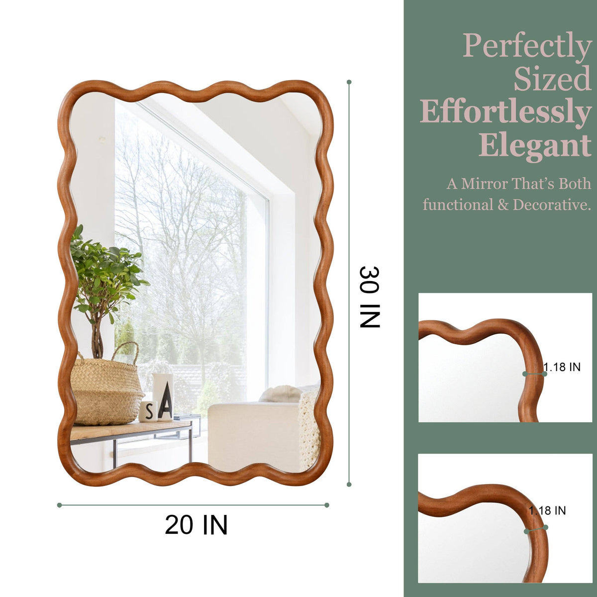 Wavy Solid Wood Wall Mirror with Curved Rectangle Frame For Bathroom, Bedroom, or Entryway
