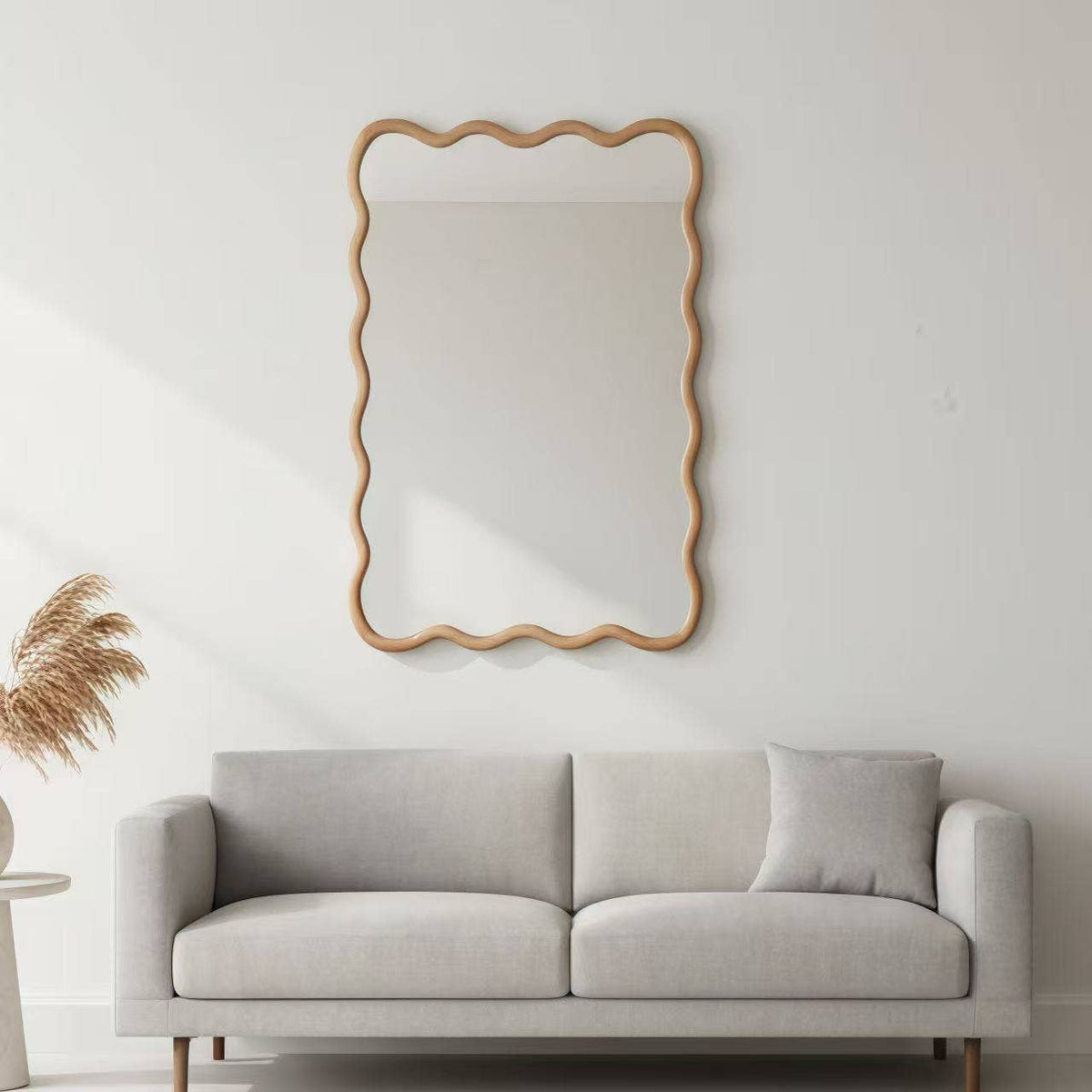 Wavy Solid Wood Wall Mirror with Curved Rectangle Frame For Bathroom, Bedroom, or Entryway