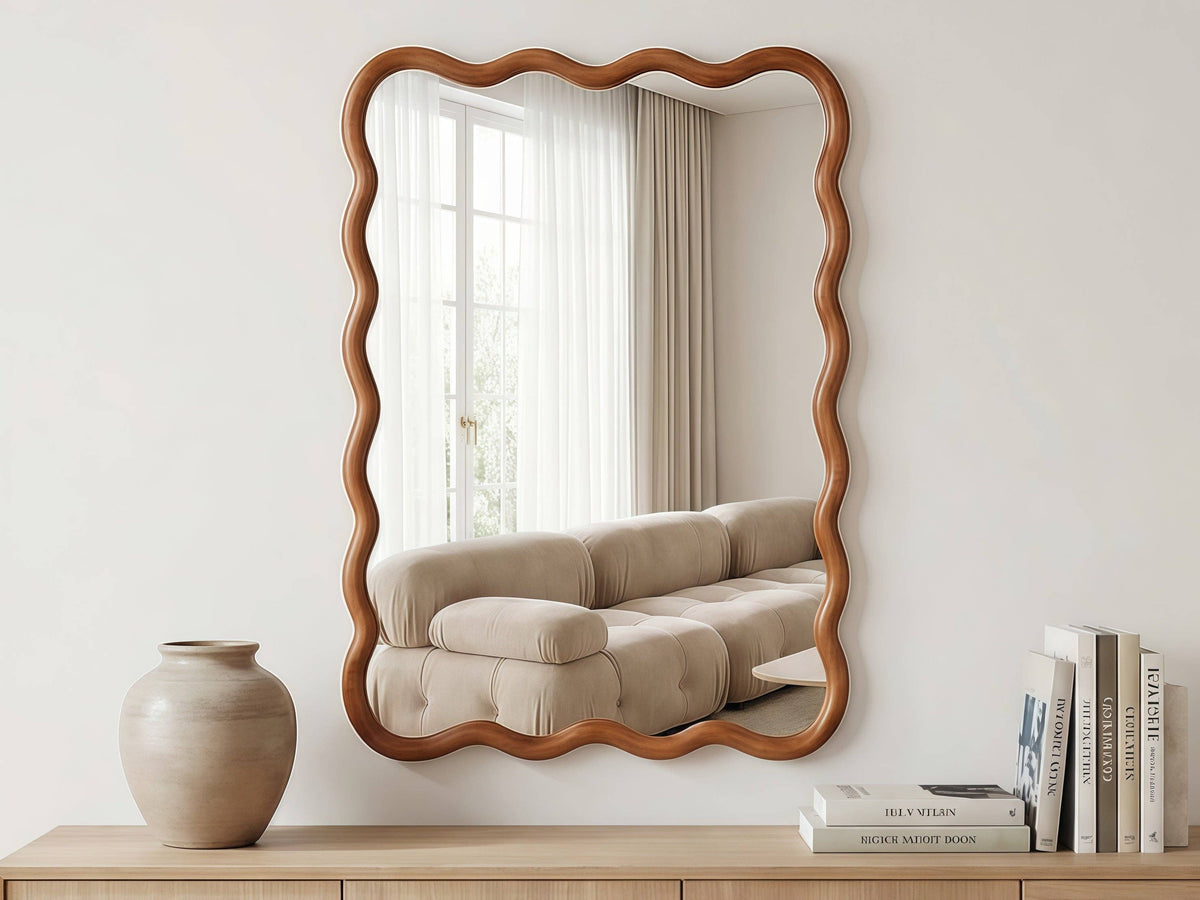 Wavy Solid Wood Wall Mirror with Curved Rectangle Frame For Bathroom, Bedroom, or Entryway