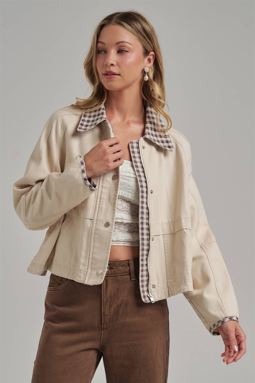 Vintage Oxford Canvas Twill Fall Jacket with Gingham Collar