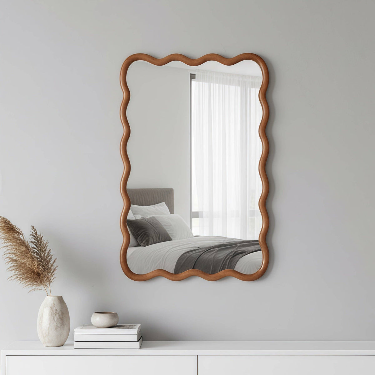 Wavy Solid Wood Wall Mirror with Curved Rectangle Frame For Bathroom, Bedroom, or Entryway