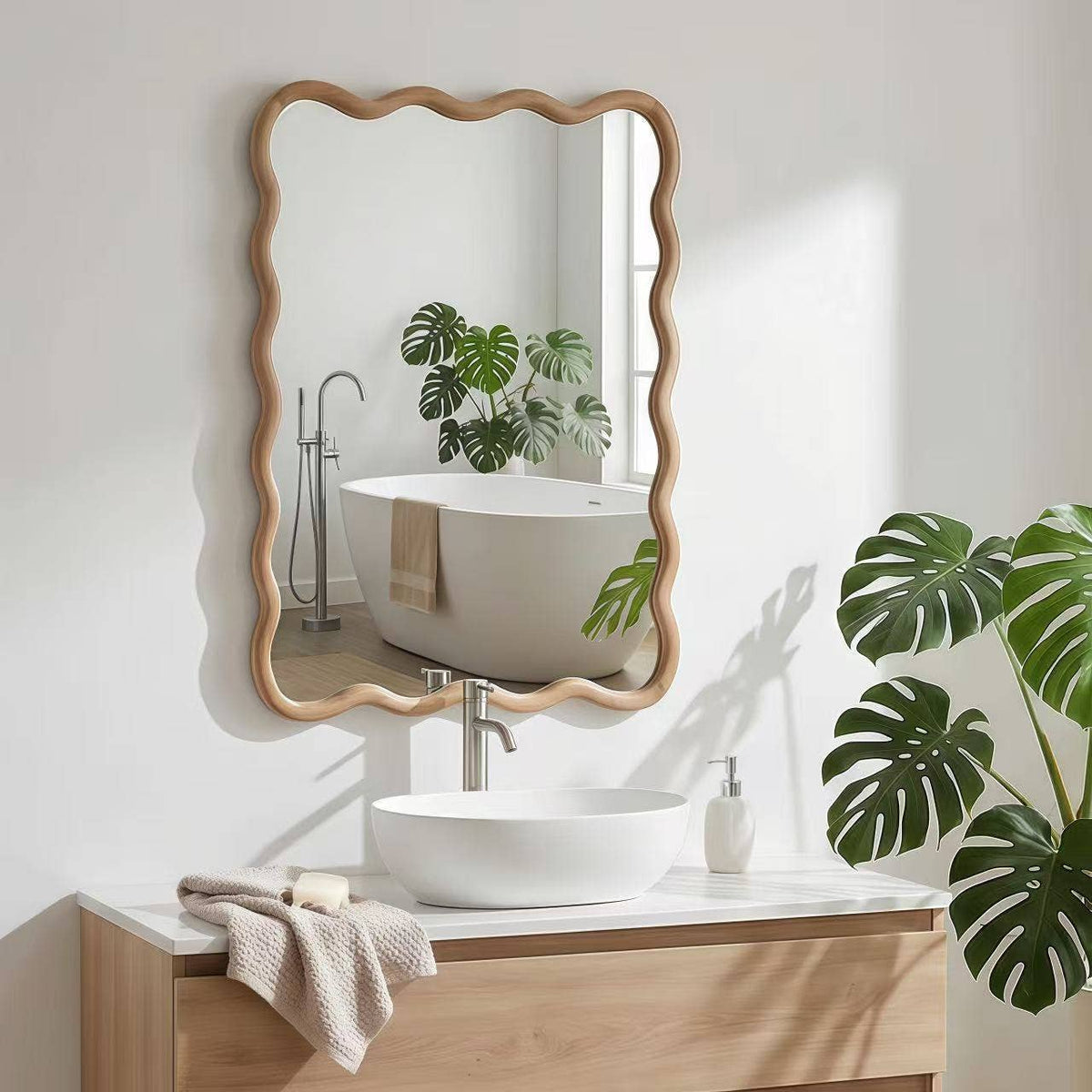 Wavy Solid Wood Wall Mirror with Curved Rectangle Frame For Bathroom, Bedroom, or Entryway