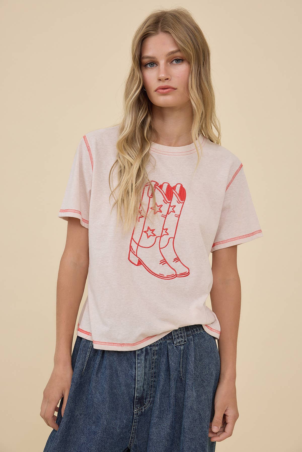 Western Boots Embroidered Contrast Stitch Tee