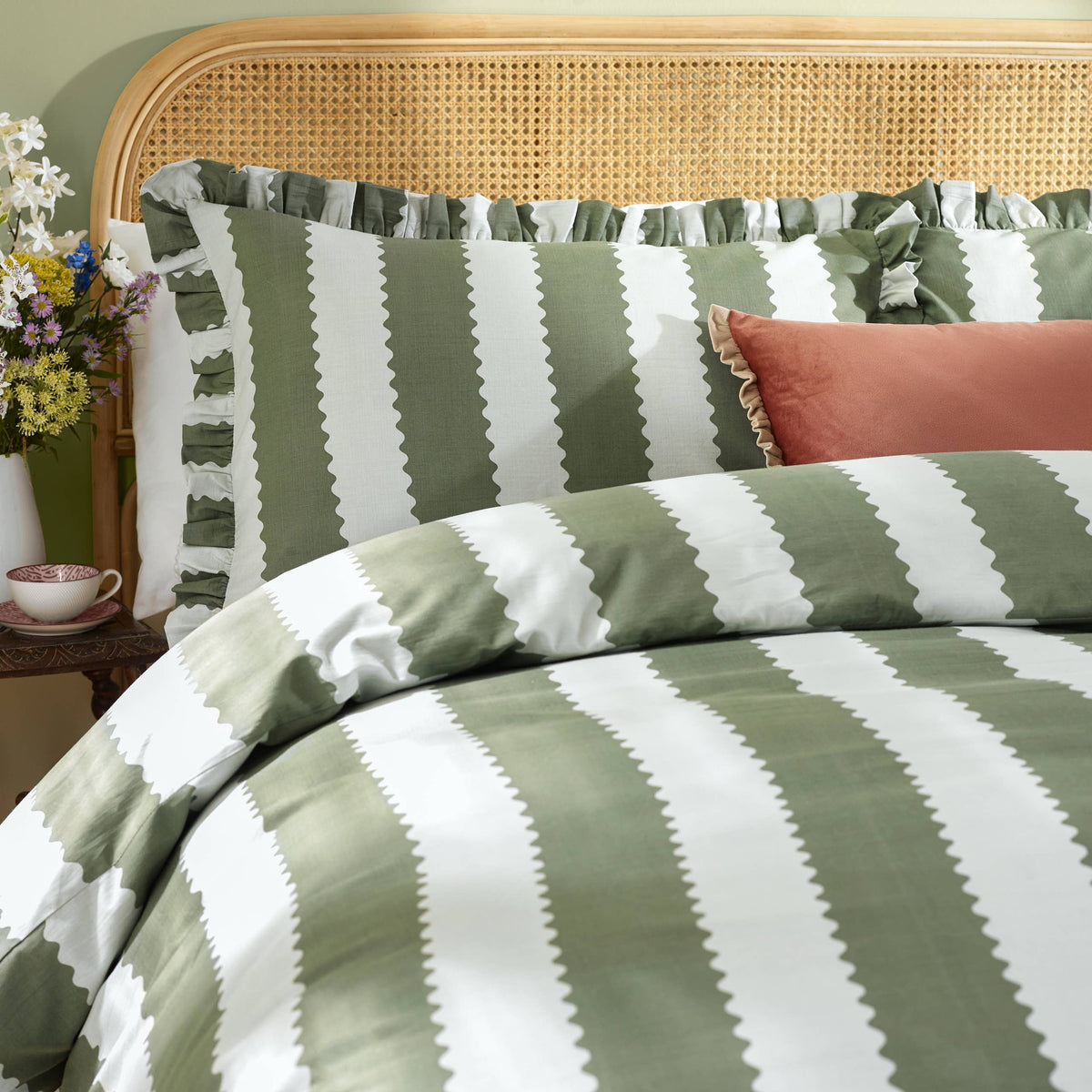 Birdie Stripe Ruffle Duvet Cover Set Bay Green/Mist