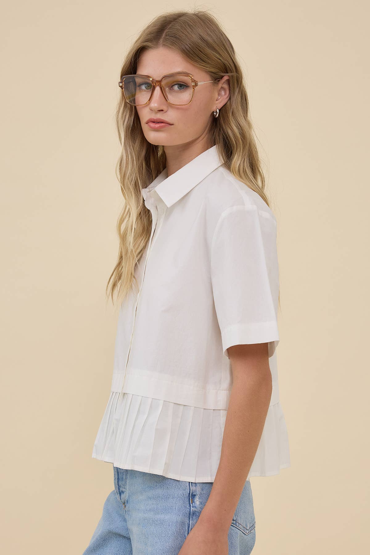 Pleated Hem Short Sleeve Shirt Top