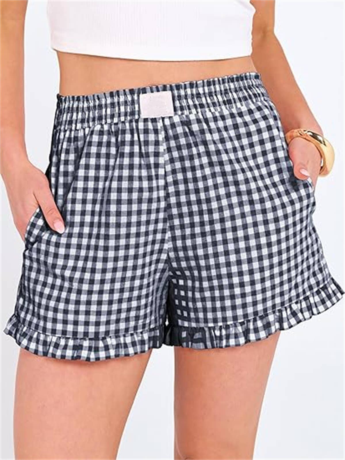Beach Check Print Shorts Ruffle Casual Shorts