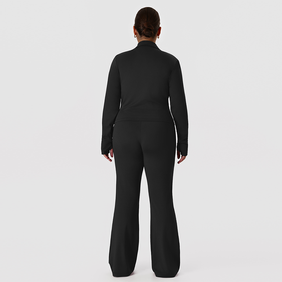 Plus size women's two-piece jacket and flare pants set in black
