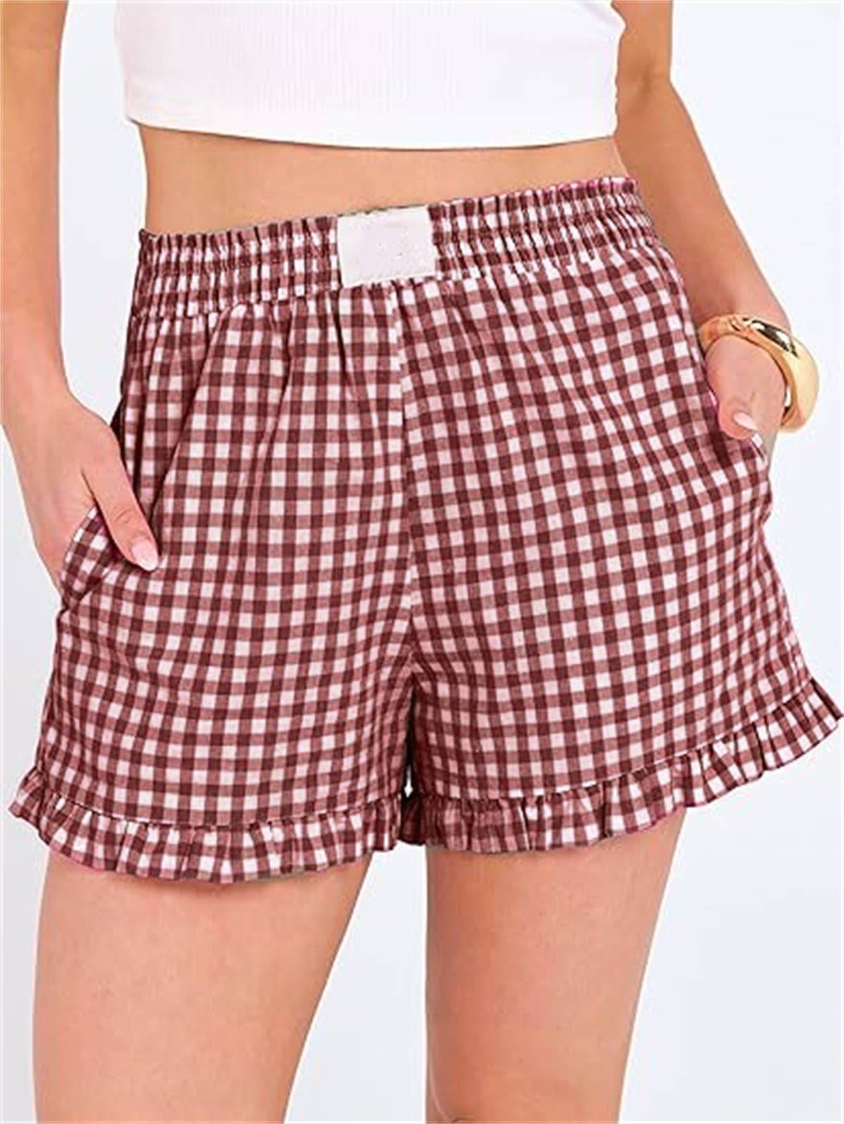 Beach Check Print Shorts Ruffle Casual Shorts
