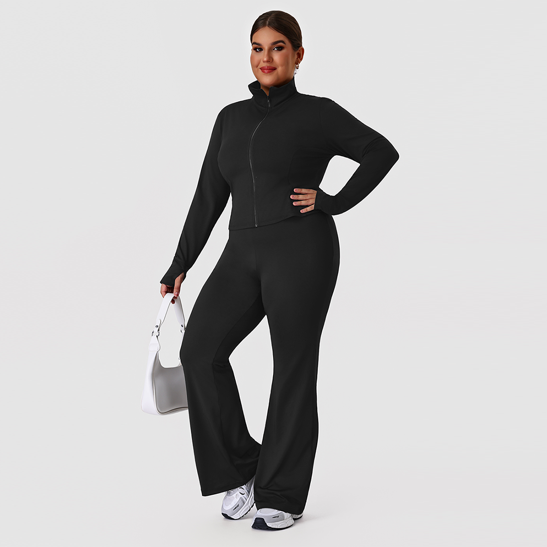 Plus size women's two-piece jacket and flare pants set in black
