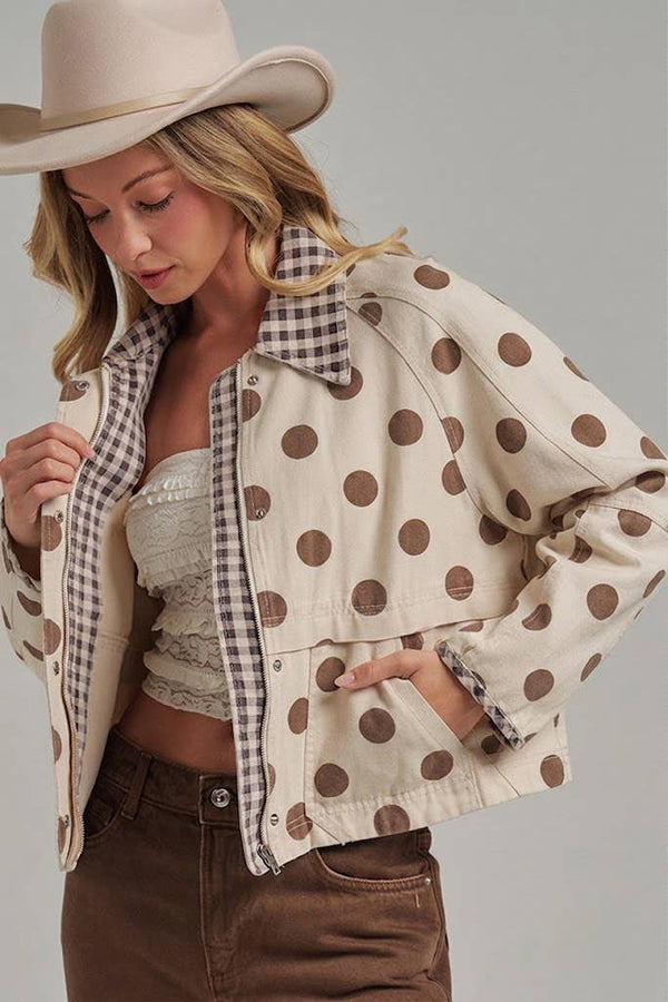 Polka Dot Oxford Canvas Fall Jacket with Gingham Collar