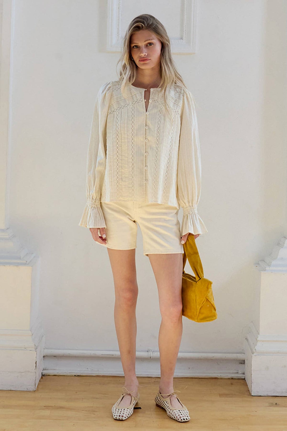 Lace Pintuck Detail Button Blouse