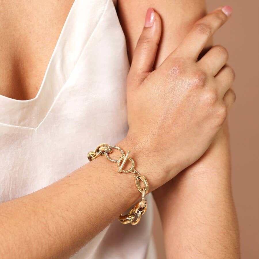 Stainless Steel Textured Dual Link Chain Bracelet in Gold