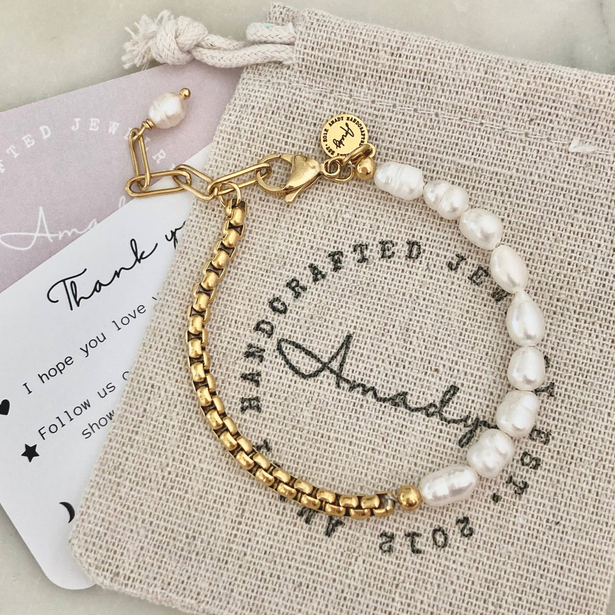 Pearls Bracelet Gold Plated Box Chain Adjustable